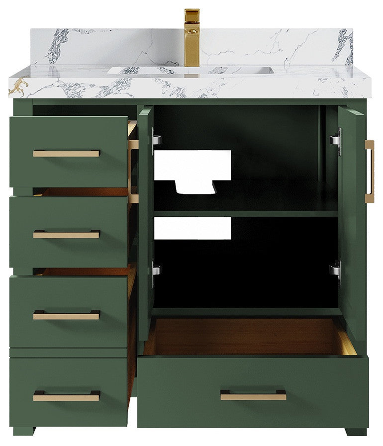 Malibu 36 Center Sink Bath Vanity in Lafayette Green 2" Calacatta Poanazzo