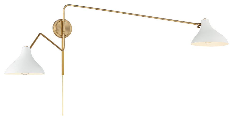 2-Light Wall Sconce, Matte Black With Natural Brass, White With Natural Brass