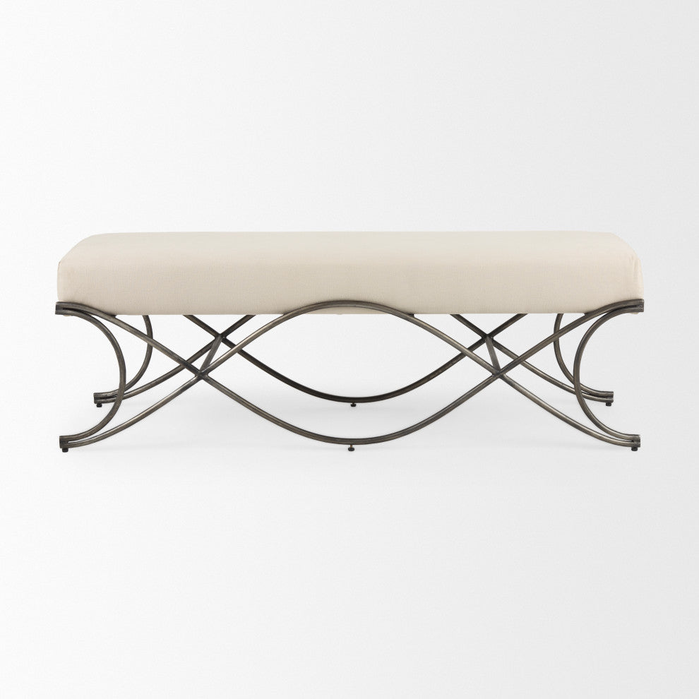 Ayla 55Lx17.6Wx18H Cream Fabric Seat With Antique Nickel Frame Bench