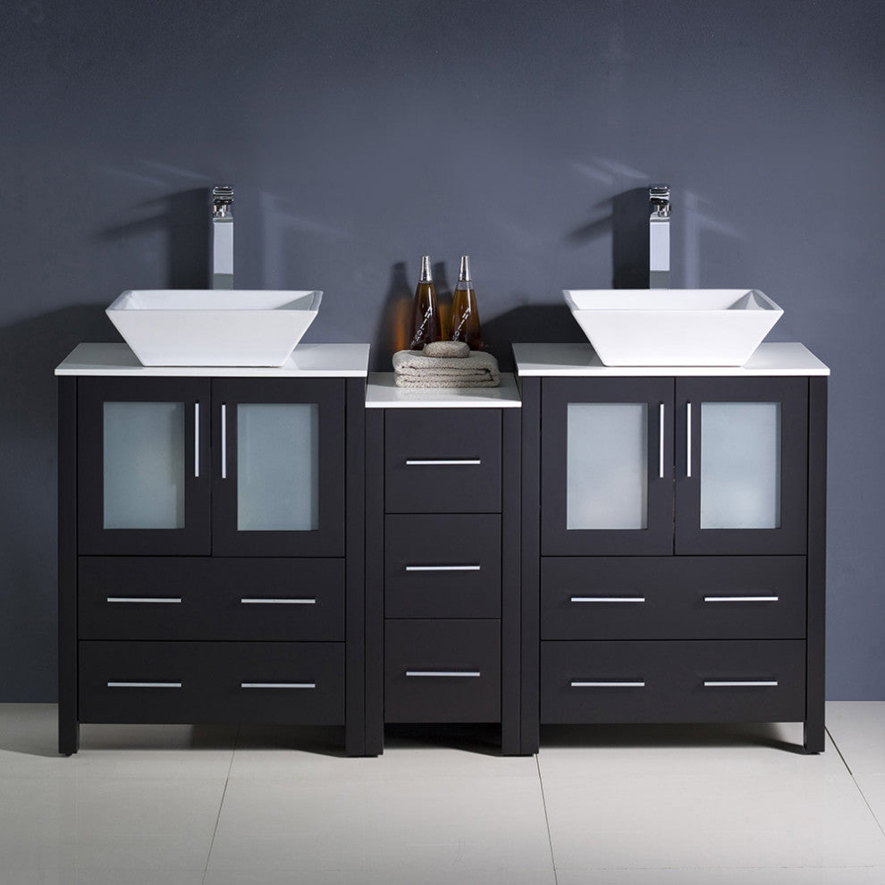 Torino 60" Double Bathroom Cabinet, Espresso, With Top and Vessel Sinks