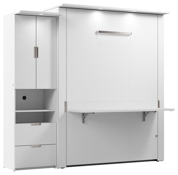 Lumina Queen Murphy Bed with Desk and Storage Cabinet (91W) in White