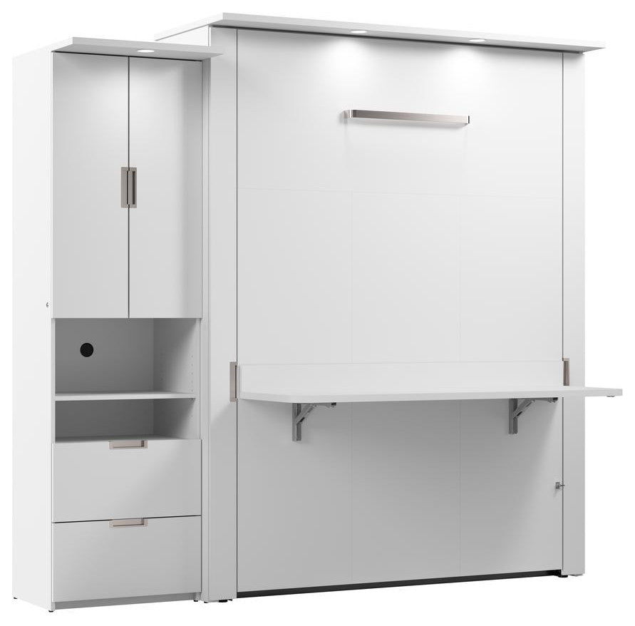 Lumina Queen Murphy Bed with Desk and Storage Cabinet (91W) in White
