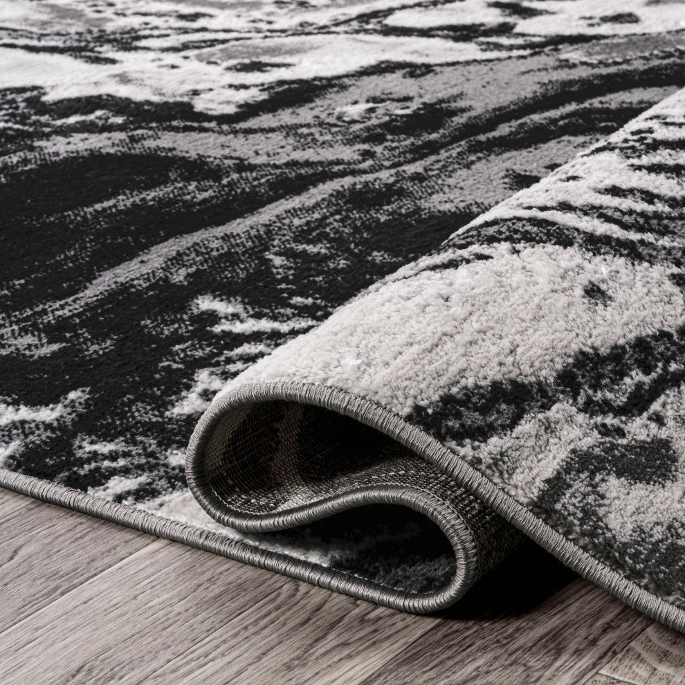 Swirl Marbled Abstract Area Rug, Black/Ivory, 2 X 8