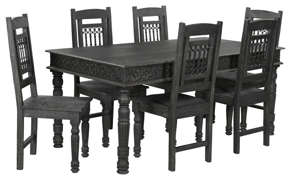 Wiley 7-piece Carved Solid Wood Dining Set, Black