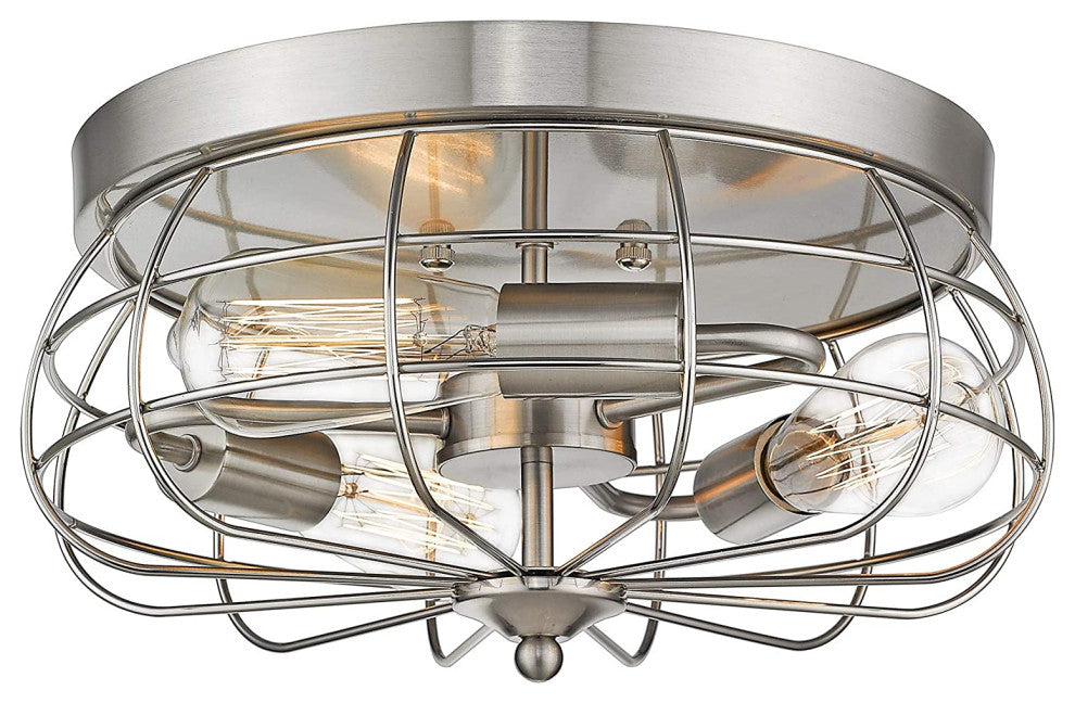 3 Light Flush Mount Ceiling Light, Cage, Ceiling Light, Nickel Finish