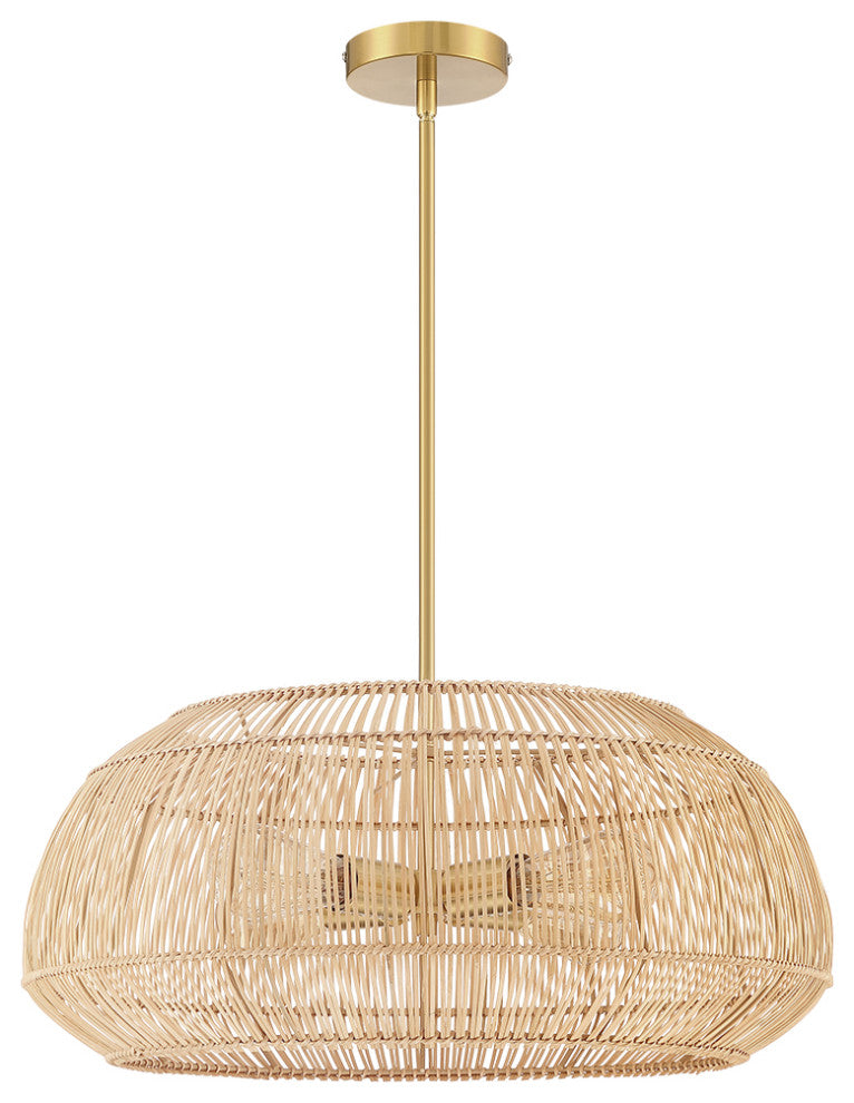 22" W 4 Light Rattan Pendant Chandelier With Brass Canopy