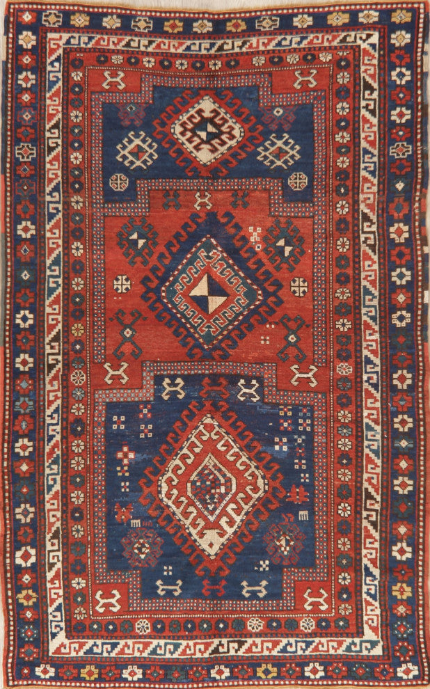 Consigned, Hand-Knotted Antique Oriental Traditional Russian Area Rug, Blue, 4x7