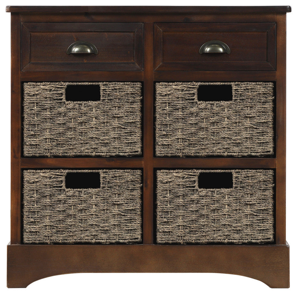 28" Wood 2 Drawers Storage Cabinet with 4 Rattan Basket, Espresso, 28" Tall