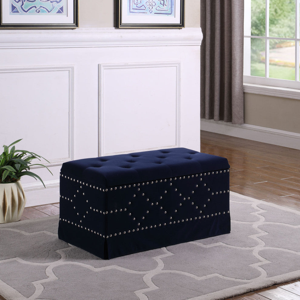 Deep Blue Velvet Nailhead Storage Bench With Ottomans