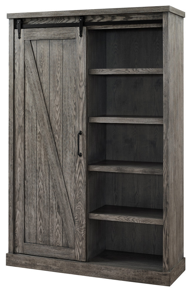 Avondale Barn Door Bookcase Wood Shelving Fully Assembled Gray