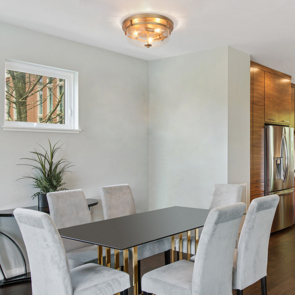 LNC Modern 3-Light Gold Flush Mount Light With Seeded Glass Shade