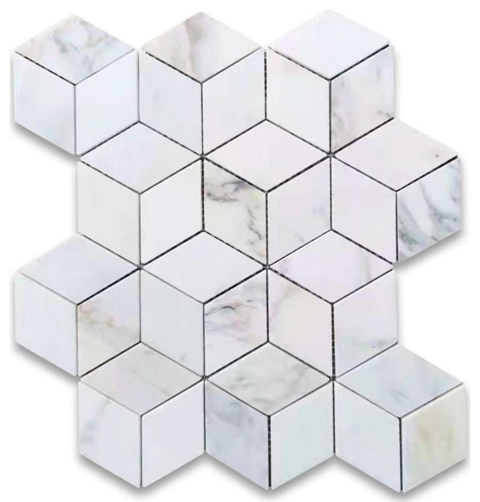 Calacatta Gold Marble Illusion 3D Cube Rhombus Diamond Hex Tile Honed, 1 sheet