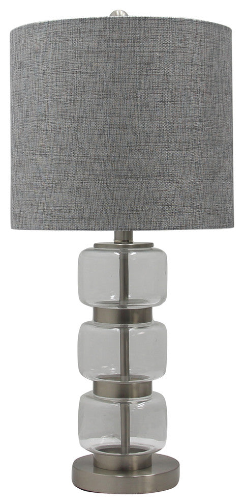 26" Smooth, Stacked Glass & Metal Table Lamp, Brushed Steel & Clear