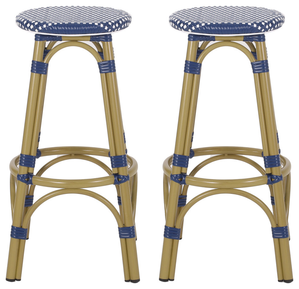 Dohney Outdoor French Aluminum 29.5" Barstools, Set of 2, Navy Blue/White/Bamboo Finish