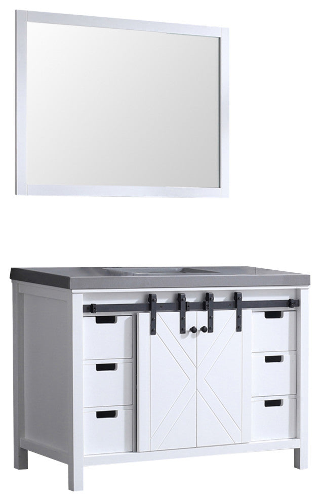 Marsyas 48" White Single Vanity, Gray Quartz Top, White Sink and 44" Mirror