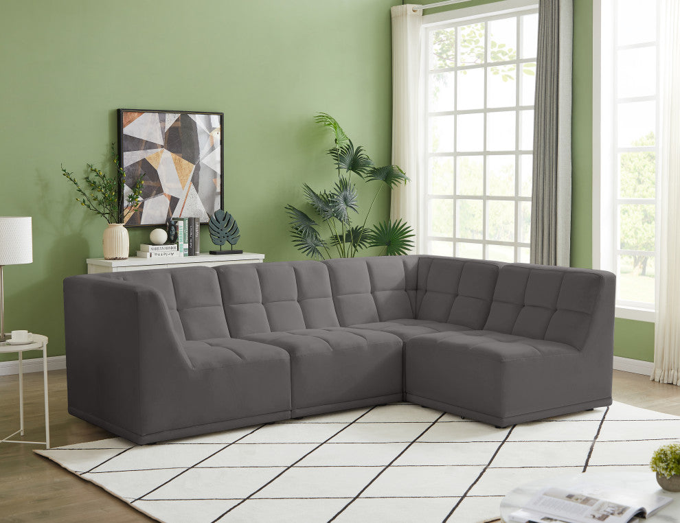 Relax Velvet Upholstered 4-Piece L-Shaped Modular Sectional, Grey
