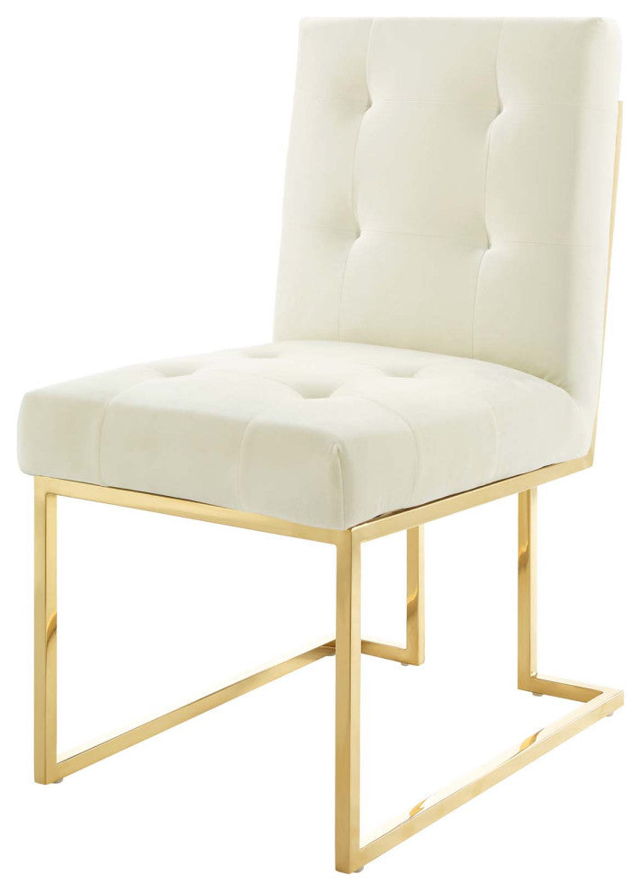 Side Dining Chair, Set of 2, Velvet, Metal, Gold Ivory White, Modern, Bistro