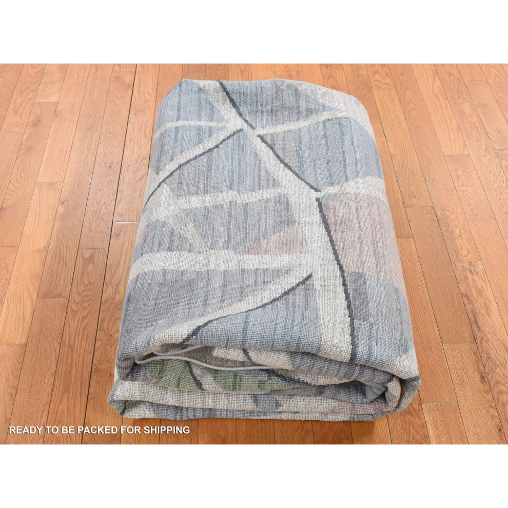 Ivory Modern Abstract Design Pure Silk With Wool Hand Knotted Rug 9'x12'