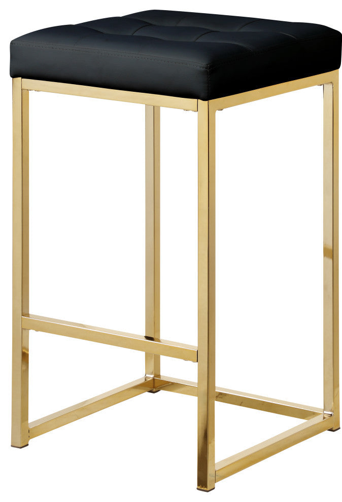 Nicola Counter Stool, Set of 2, Black, Vegan Leather, Gold Base