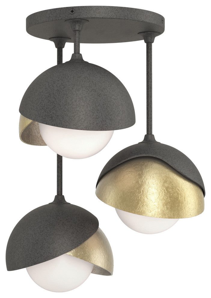 Brooklyn 3-Light Double Shade Semi-Flush, Natural Iron, Modern Brass, Opal Glass