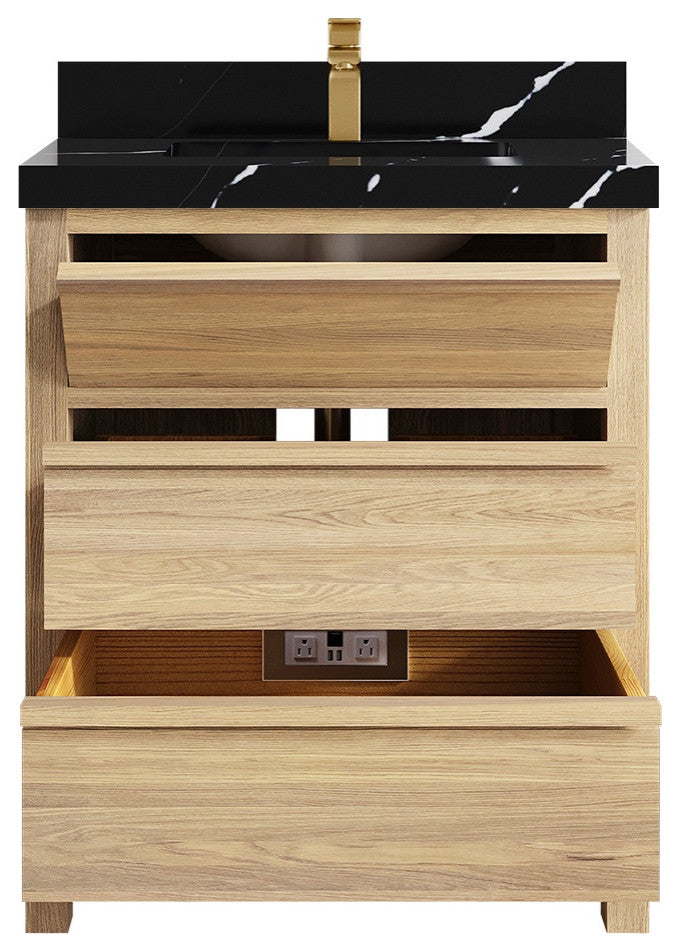 Elizabeth Oak 30" Single Sink Vanity, White 2" Calacatta Black