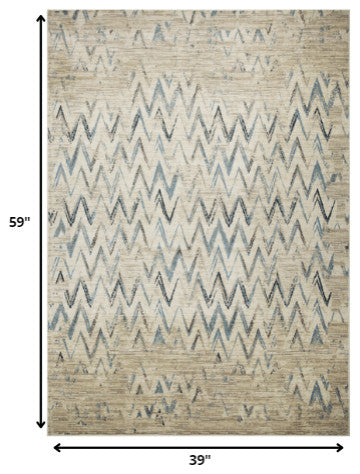 3"x5" Beige Blue Distressed Chevron Area Rug