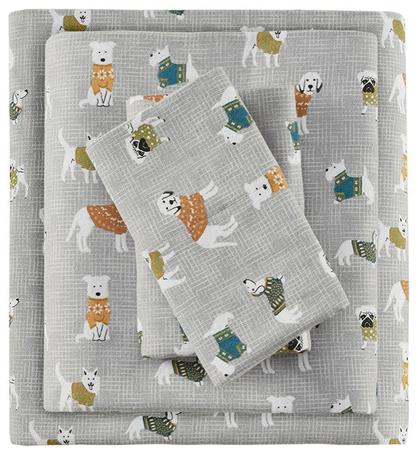 True North by Sleep Philosophy Cotton Flannel Kids Sheet Set, Grey Dogs
