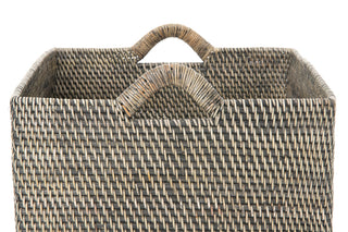 Loma Rectangular Tall Decorative Rattan Storage Basket with Ear Handles, Large, Black Wash