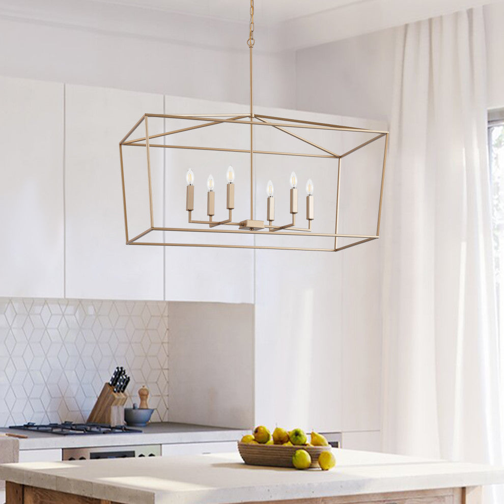 Farmhouse 6-Light Rectangular Kitchen Island Chandelier Over Table, Gold