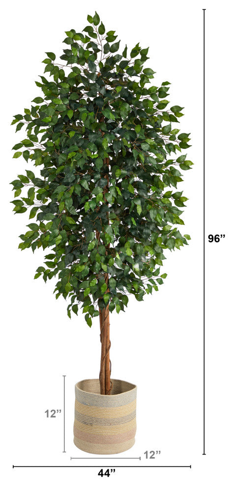 8' Ficus Artificial Tree With Handmade Natural Cotton Multicolored Woven Planter