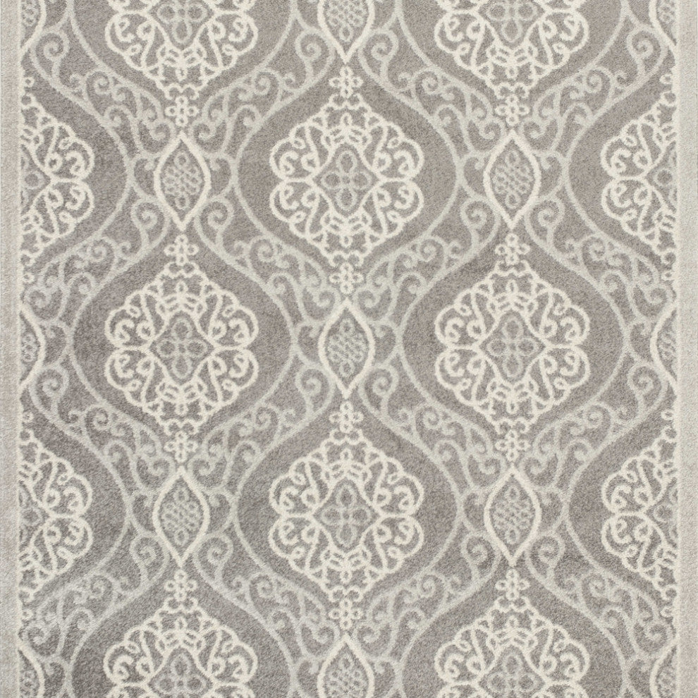 7'X10' Silver Grey Machine Woven Uv Treated Floral Ogee Indoor Outdoor Area Rug