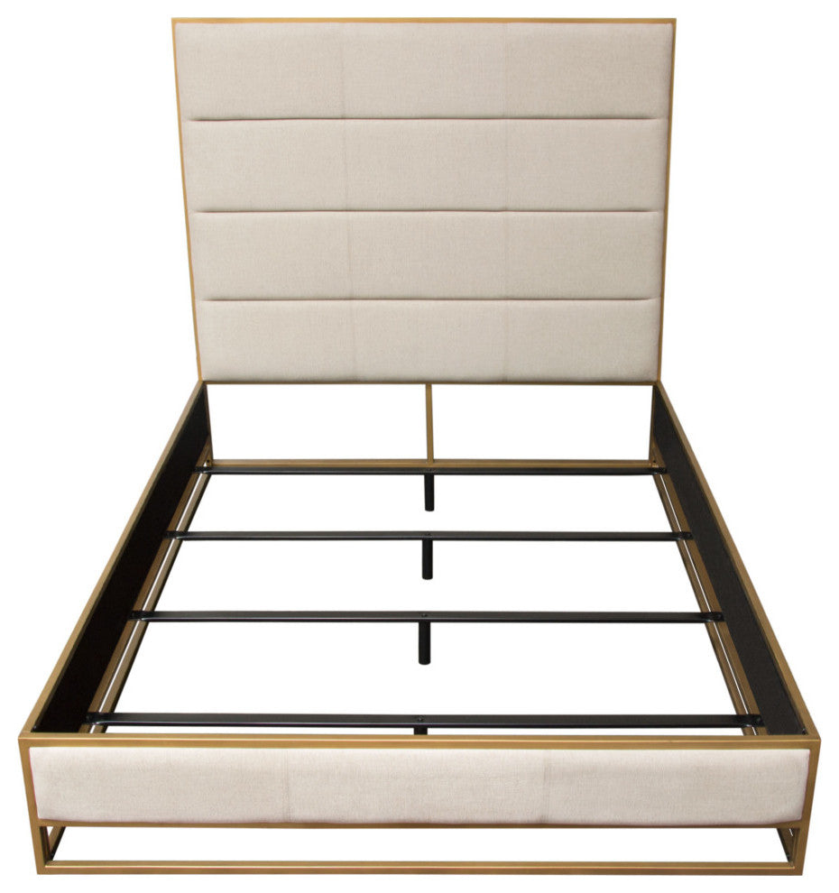Empire Eastern King Bed, Sand Fabric With Hand brushed Gold Metal Frame