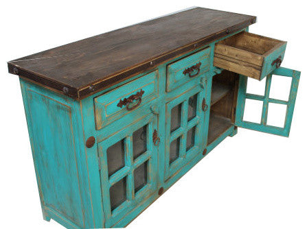 Abbot Rustic Bathroom Vanity Turquoise 3-Glass Doors, 72"x22"x36"