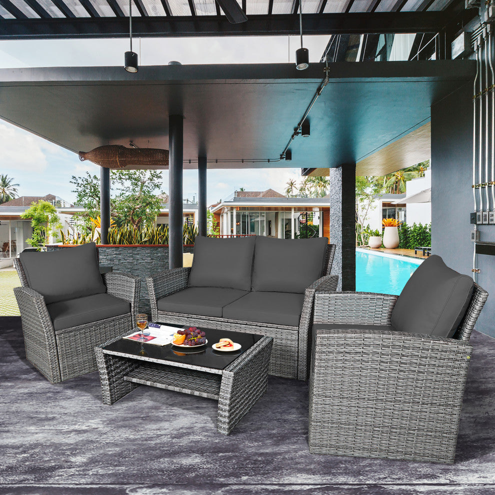 Costway 4PCS Patio Rattan Furniture Set Sofa Table W/Storage Shelf Gray Cushion