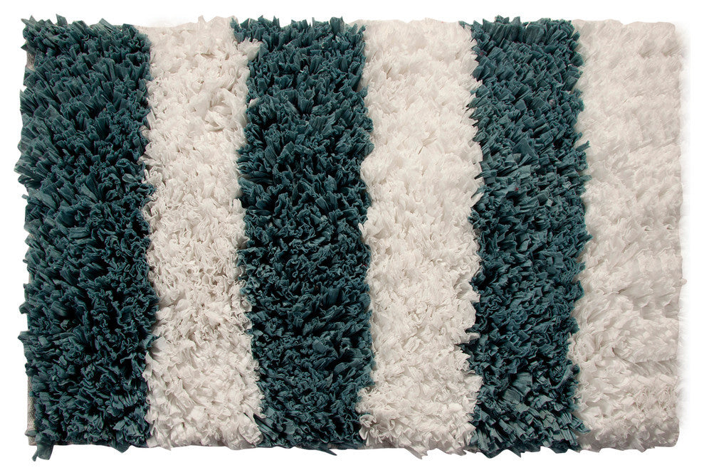 Bath Rug Polyester/Viscose/Cotton Hand Loom Woven, 34"x21", White and Blue