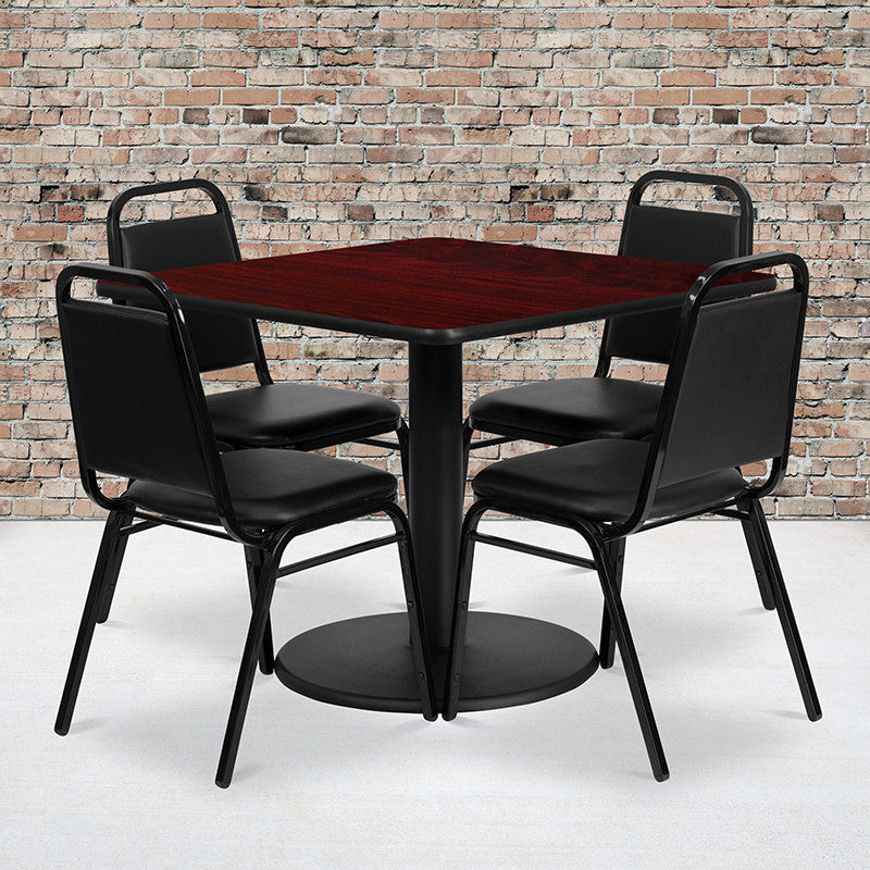 36" Square Black Laminate Table Set With 4 Black Trapezoidal Back Chairs