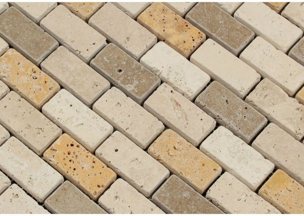1 X 2 Mixed Travertine Tumbled Brick Mosaic Tile