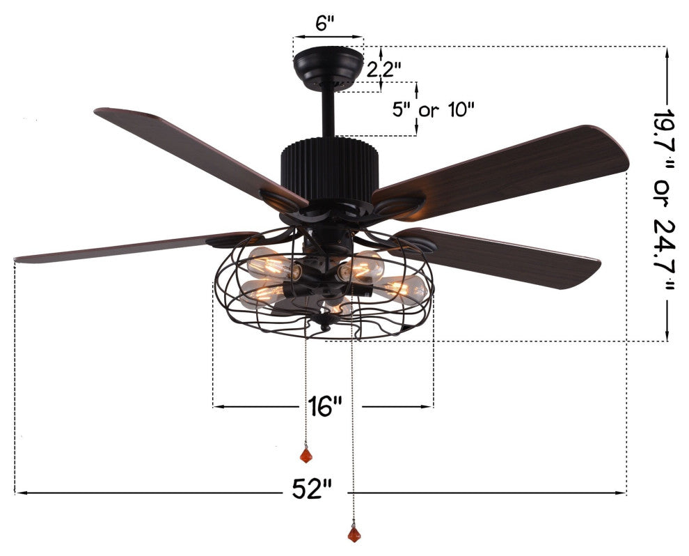 Vintage Farmhouse Industrial 5-Light Black Cage Ceiling Fan, Pull Chain, 52"