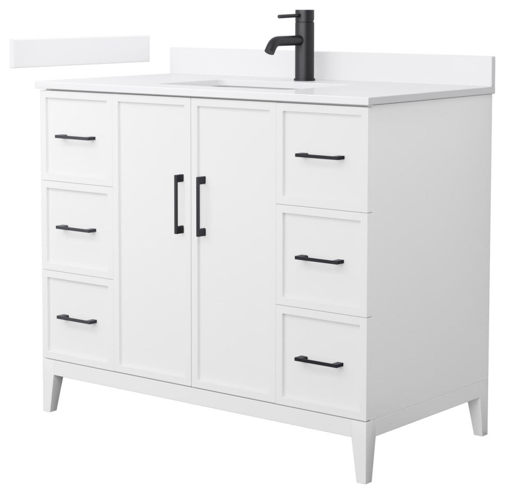 Elan 42" Single Vanity, White, White Quartz Top, 1-Hole, Black Trim