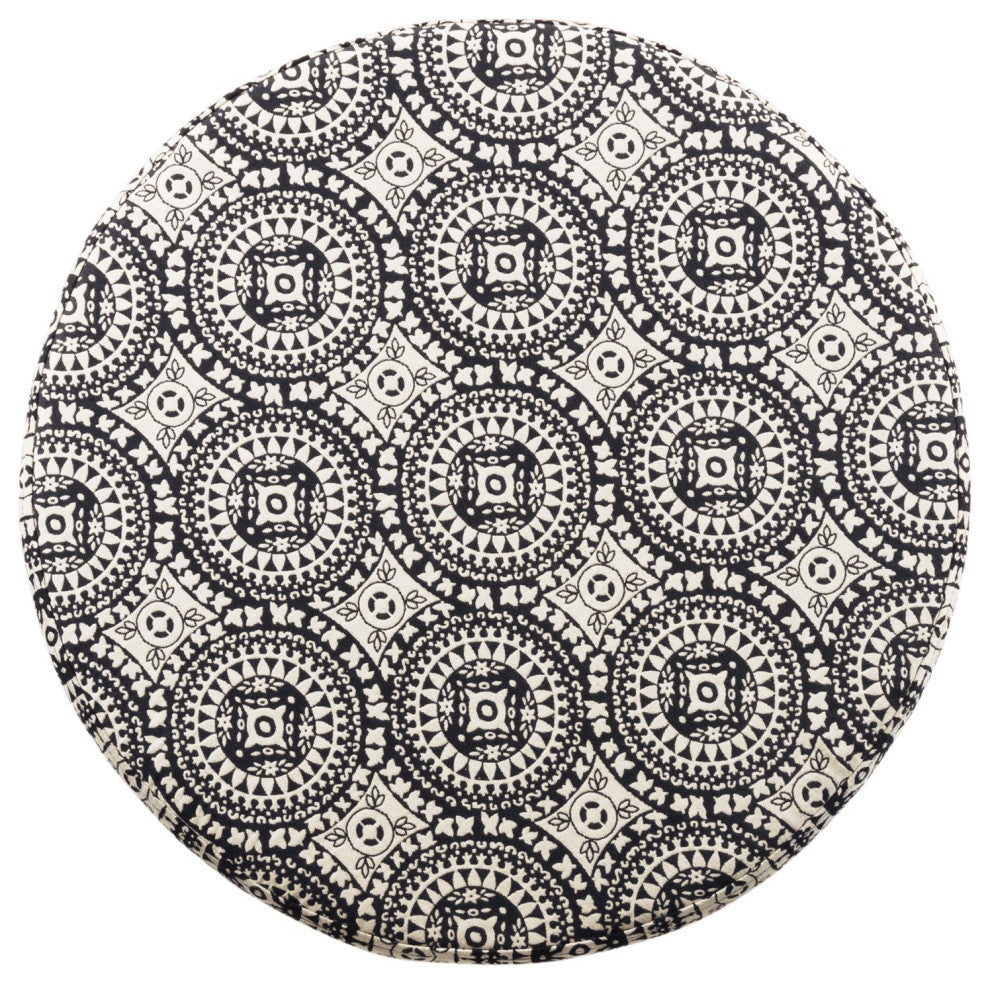 Benzara BM194943 Fabric Upholstered Ottoman With Wooden Bun Feet, Cream/Black
