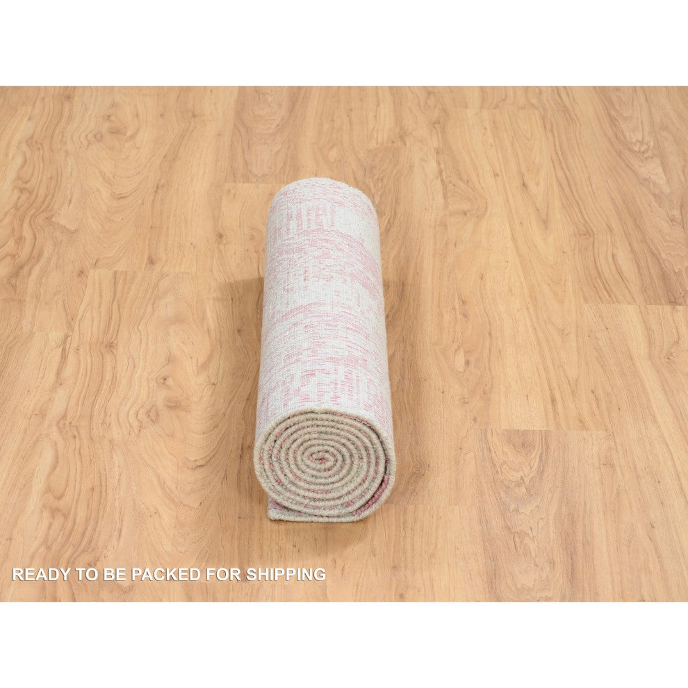 Rose Pink, Wool and Art Silk, Jacquard Hand Loomed, Runner Rug, 2'6"x8'0"