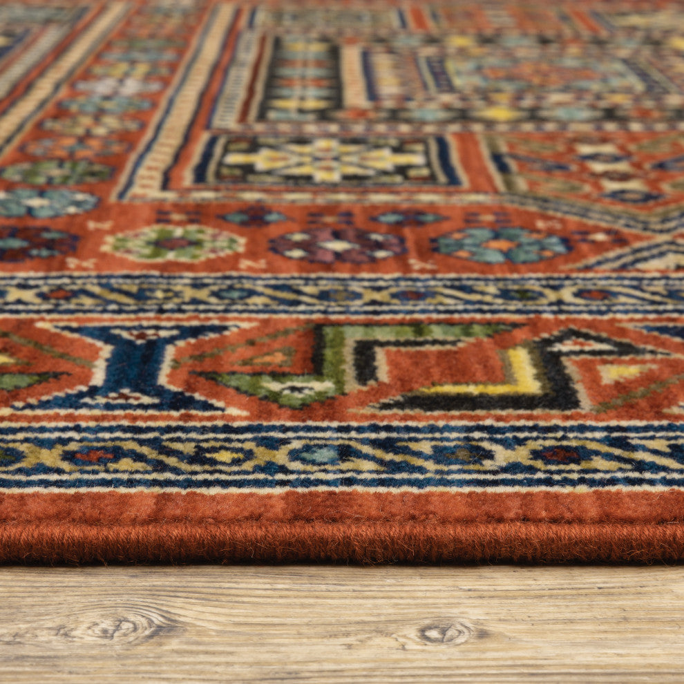 Lizbeth Aztec Border Red/Multi Wool Blend Fringed Area Rug, 2'X3'