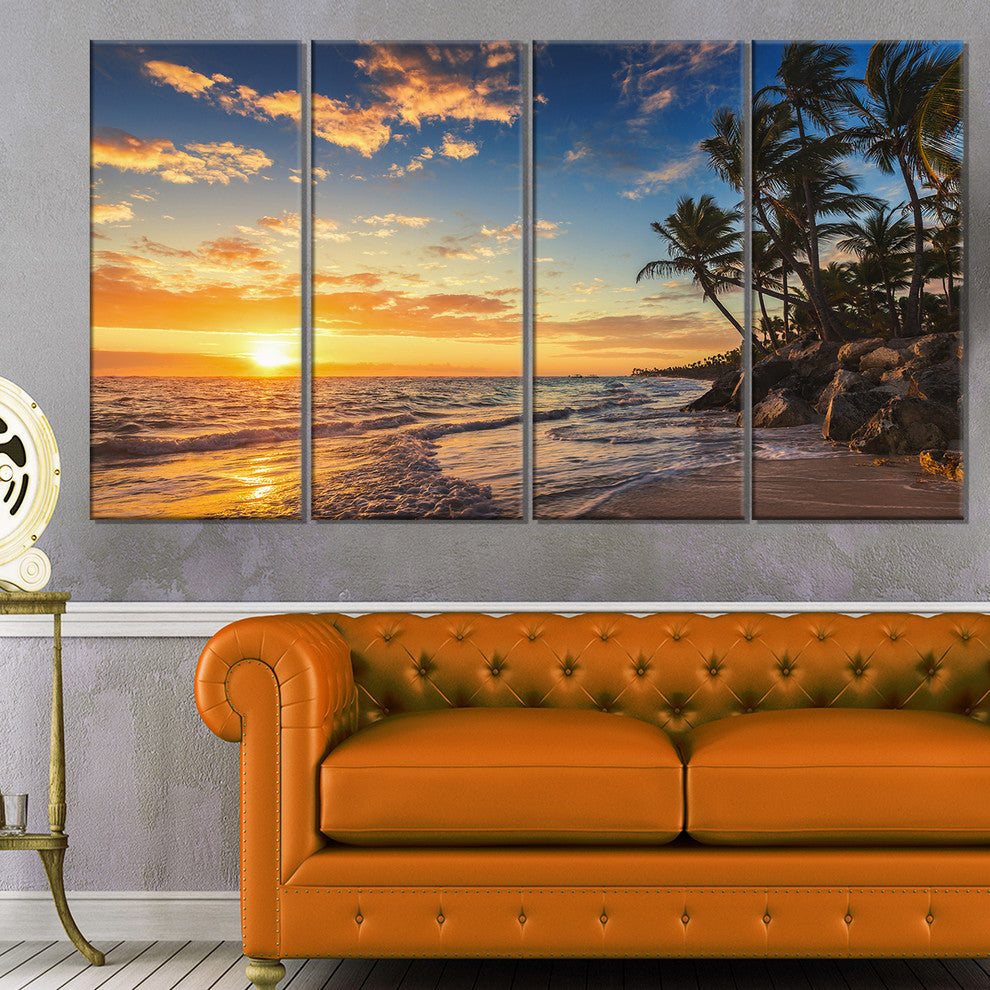 "Paradise Tropical Island Beach With Palms" Seascape Wall Art, 4 Panels, 48"x28"