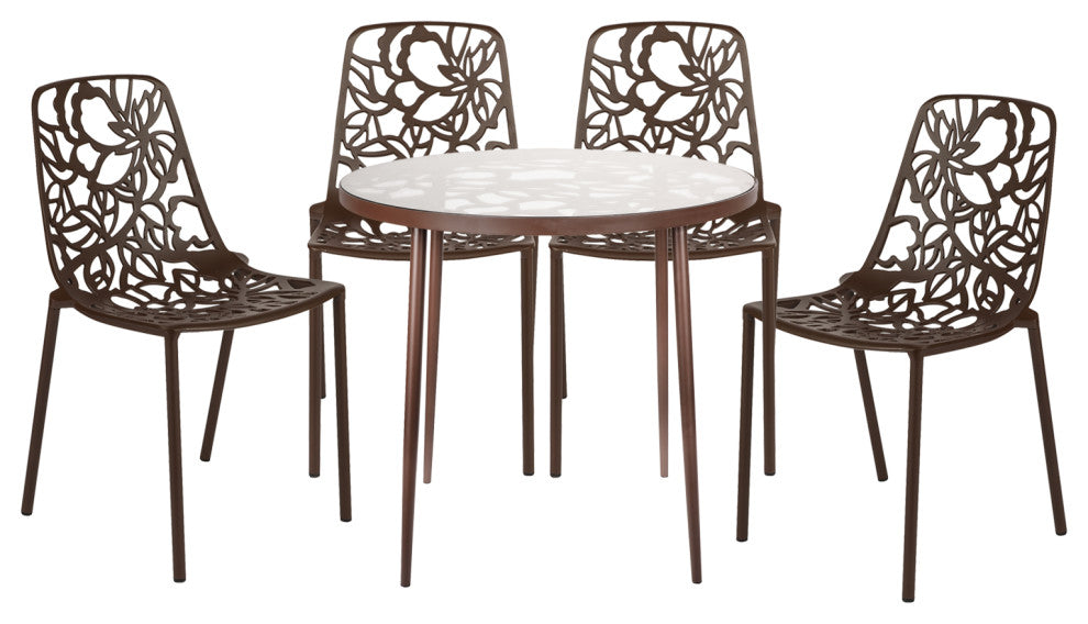 LeisureMod Devon 5-Piece Aluminum Patio Dining Set With Table and 4 Chairs, Brown