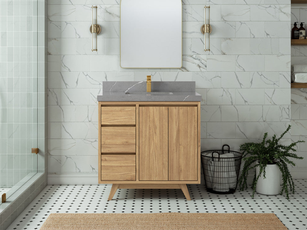Madison Teak 36 Center Sink Bath Vanity in Light Natural 2" Piatra Gray