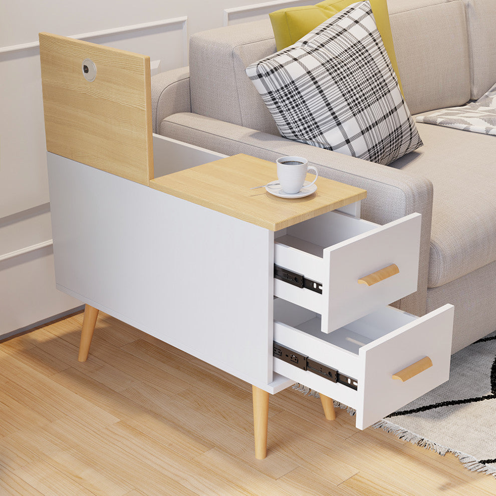 Rectangle End Table with Drawers Modern Sofa Side Table for Living Room, Natural