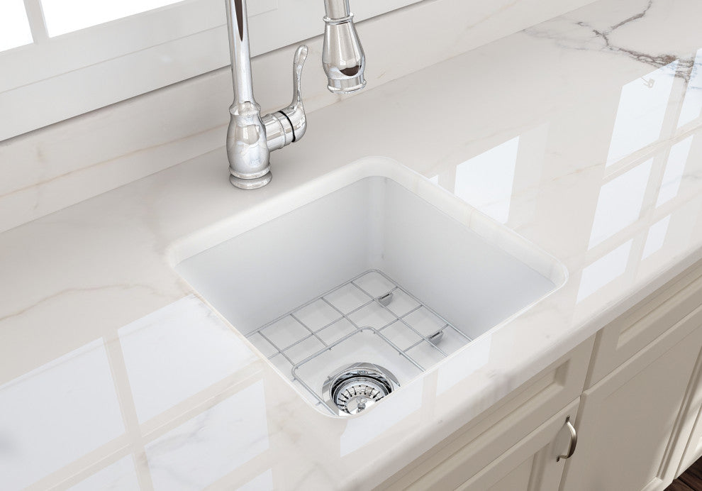 BOCCHI 1359-002-0120 Matte White Fireclay Kitchen Sink w/ Grid and Strainer