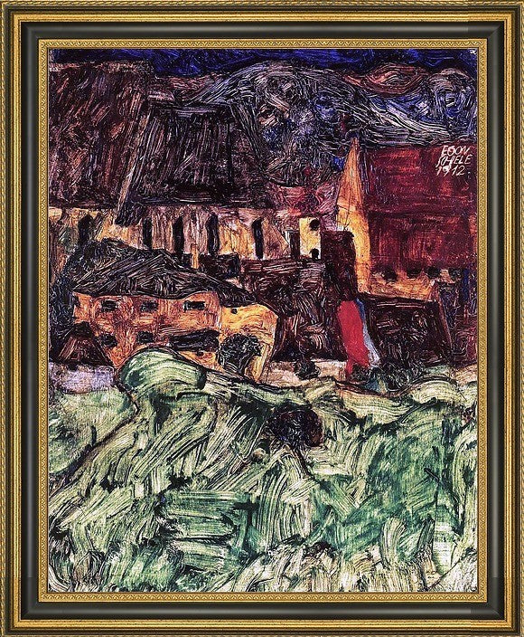 Egon Schiele Meadow  Church and Houses - 20" x 25" Framed Premium Canvas Print