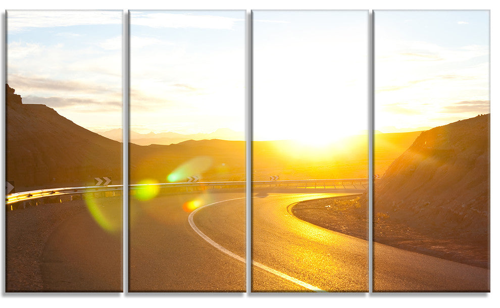 Yellow Road under Sunset, Oversized Landscape Canvas Art, 48"x28", 4 Panels
