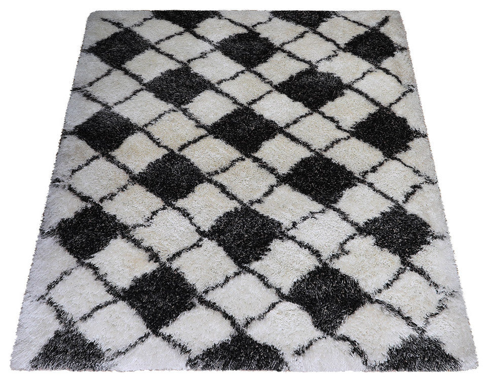 HAND TUFTED SHAG POLYESTER ECO-FRIENDLY AREA RUGS -  Gray White Color, Geometric